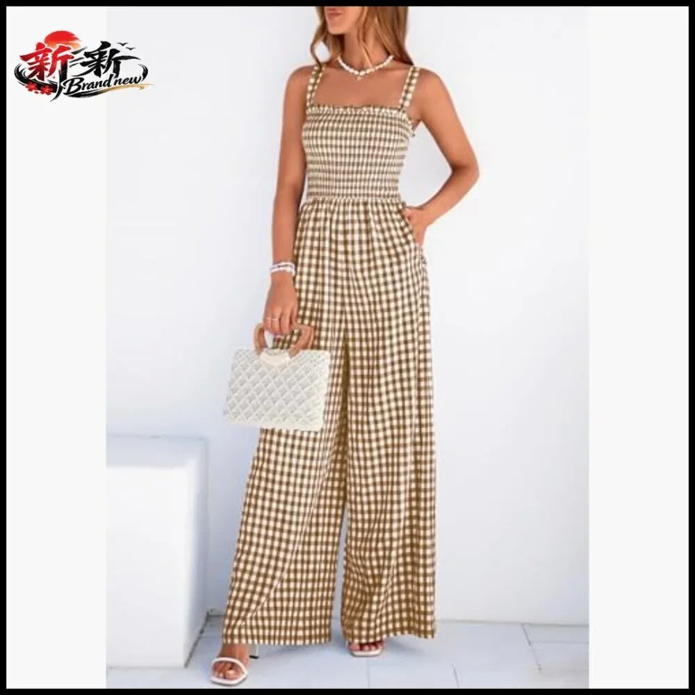 Smocked Wide Leg Gingham Romper, Square Neck, Sleeveless, Pull On